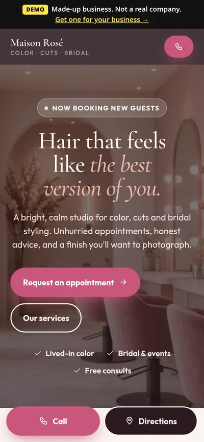 Hair salon demo site on a phone