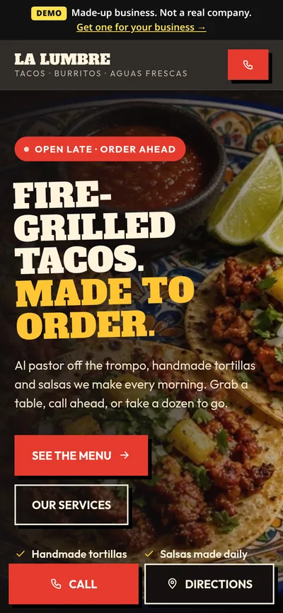 Taco spot demo site on a phone